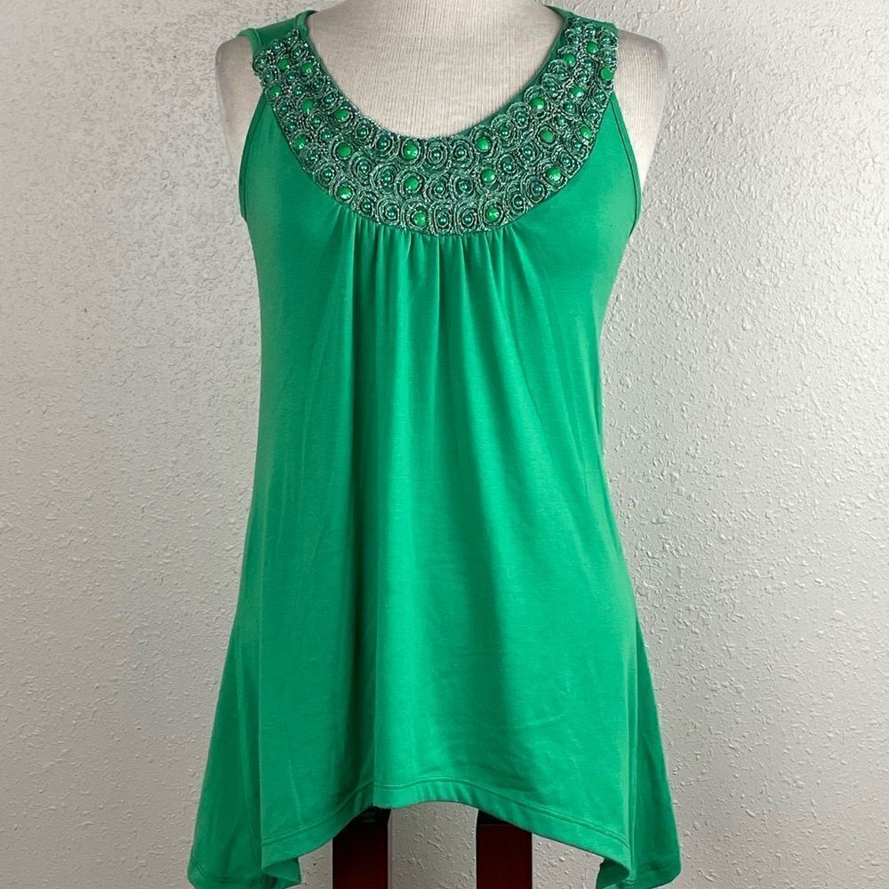 EUC Agenda Womens Green Tank Top with Bedazzled Neck Line Size S